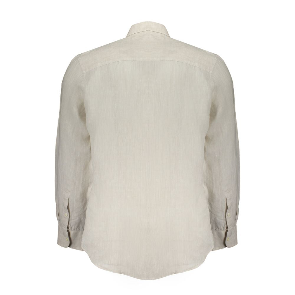 Back view of North Sails beige linen long-sleeved shirt with Italian collar and embroidered logo.