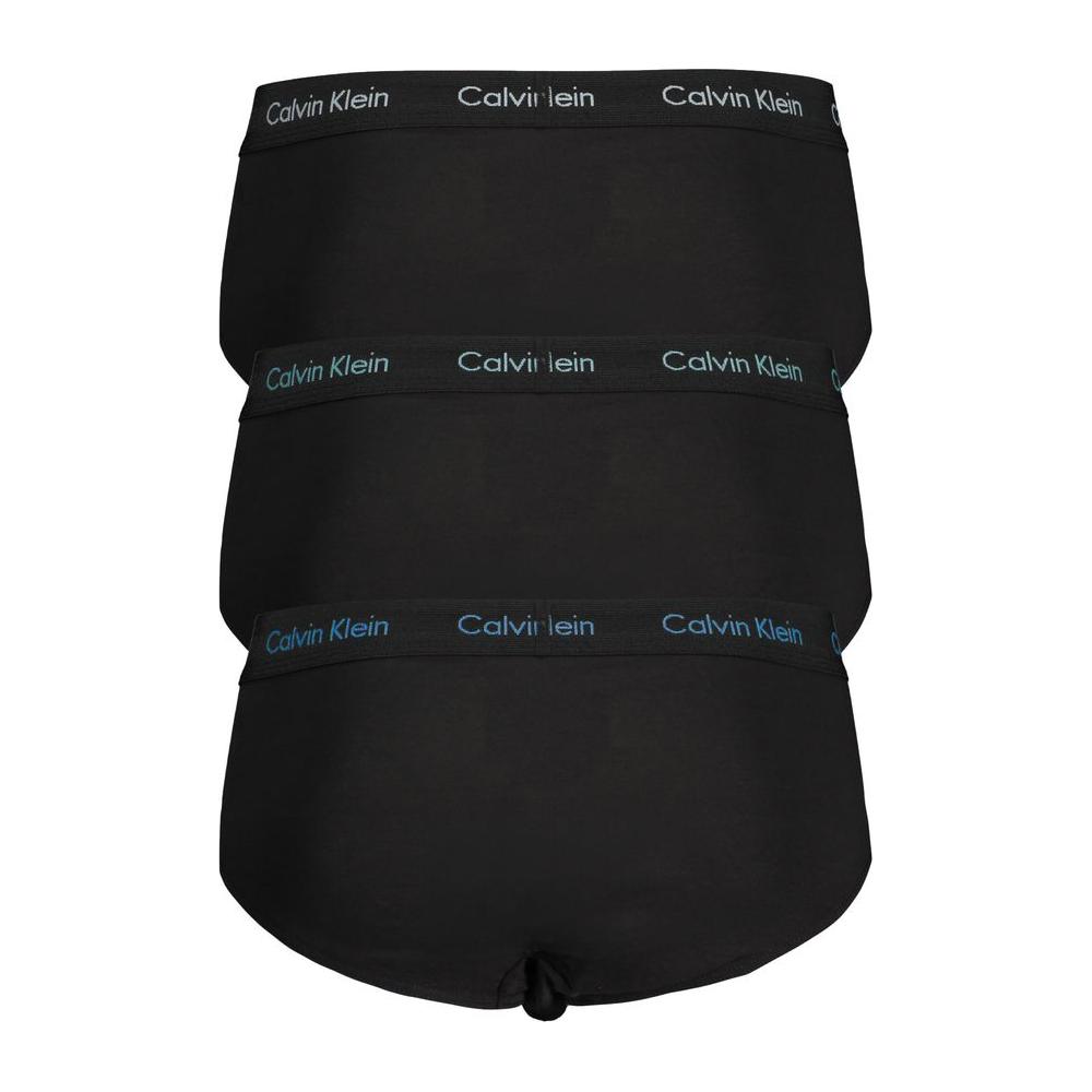 Calvin Klein black cotton underwear tri-pack briefs with elastic waist and three-color print featuring logo.