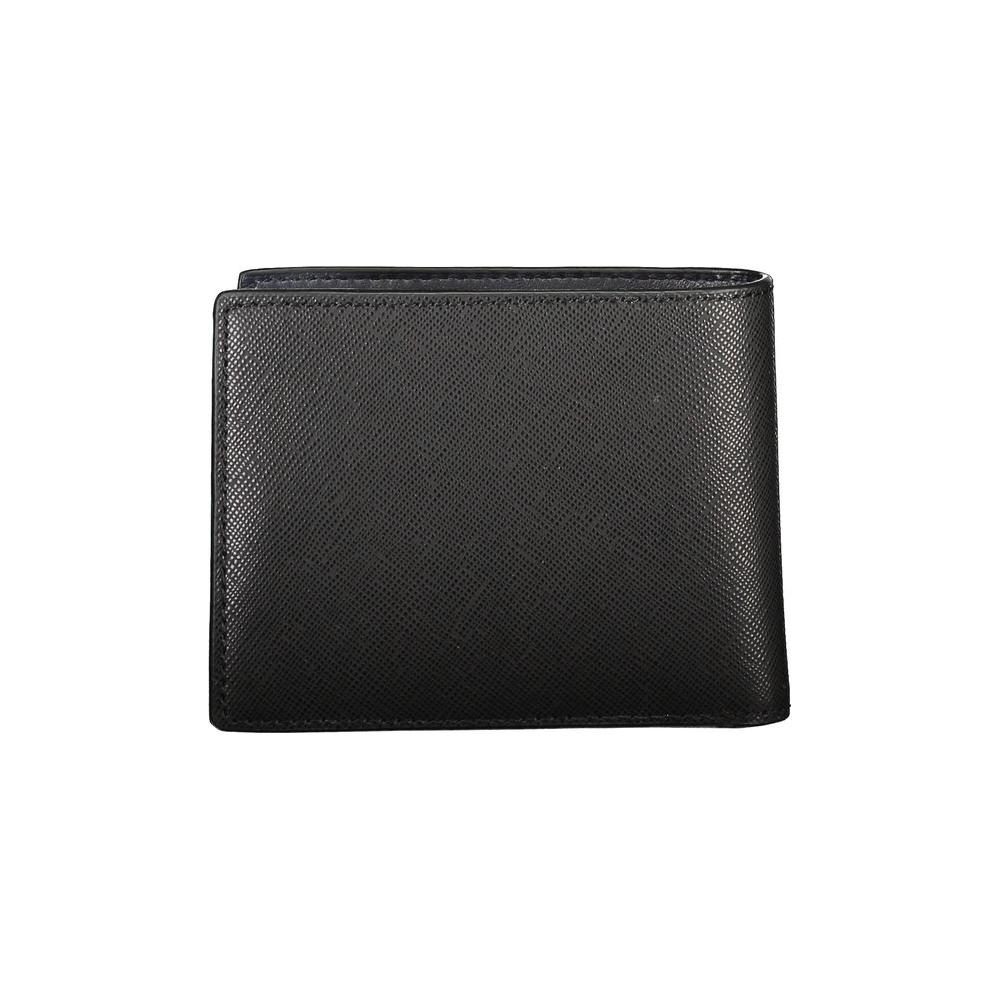 Tommy Hilfiger black leather wallet with double card spaces, contrasting details, and logo emblem.