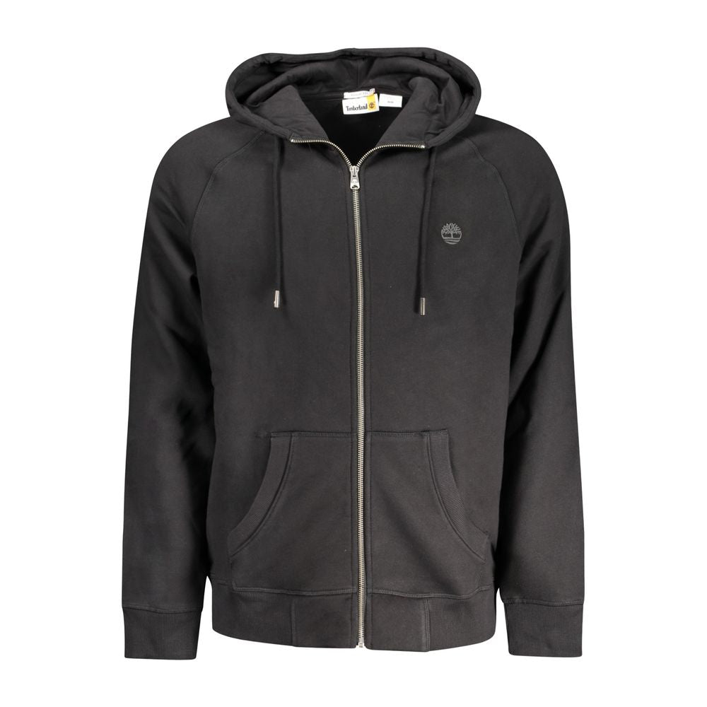 Timberland black cotton men's sweater with zip and central pockets, featuring an embroidered logo for stylish, functional wear.