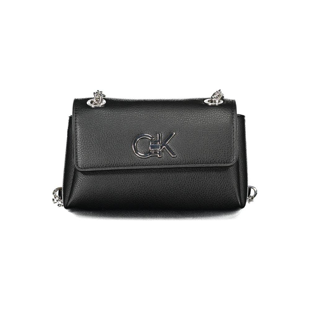 Calvin Klein black polyethylene women's handbag with twin chain handles and swivel closure, showcasing urban elegance and sophistication.