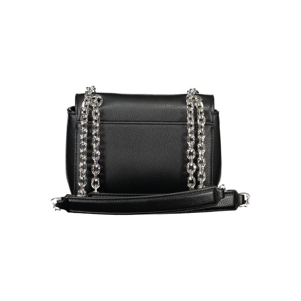 Calvin Klein black polyethylene handbag with twin chain handles and swivel closure, urban chic design.