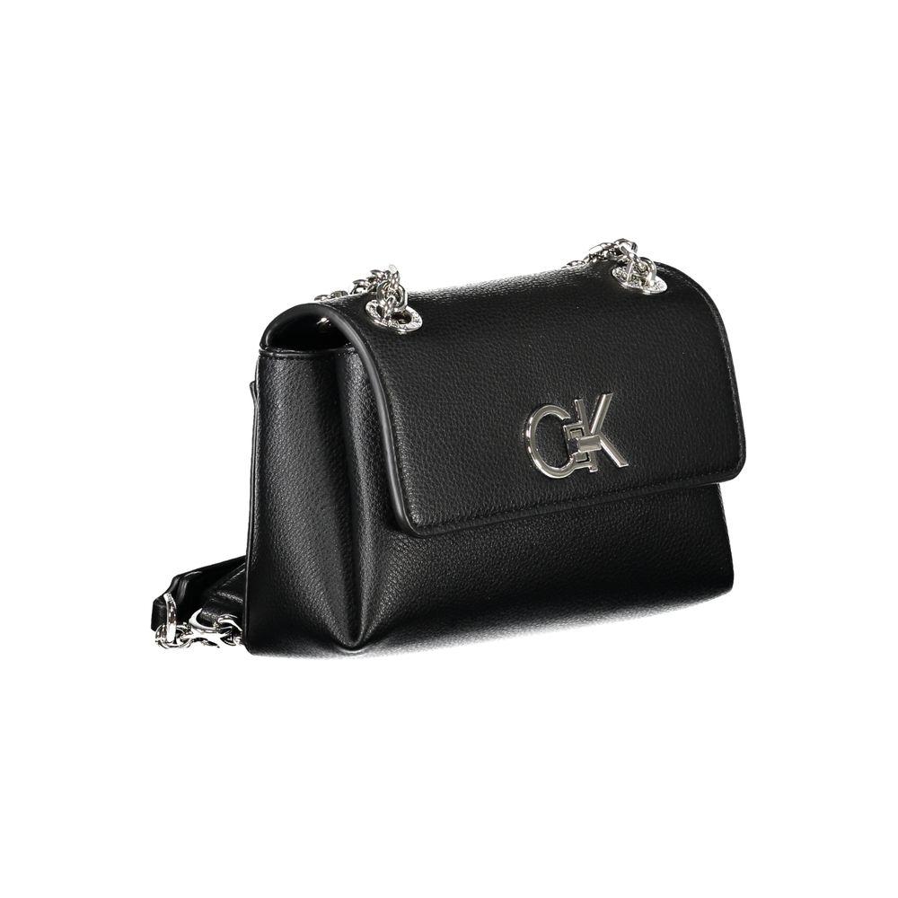Calvin Klein black polyethylene handbag with twin chain handles and CK logo, showcasing urban elegance and chic sophistication.