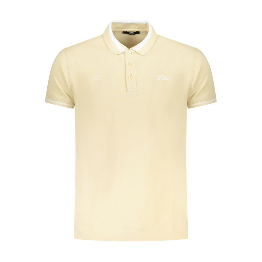 Cavalli Class Beige Cotton Men Polo Shirt with short sleeves, three-button placket, contrasting details, and embroidered logo