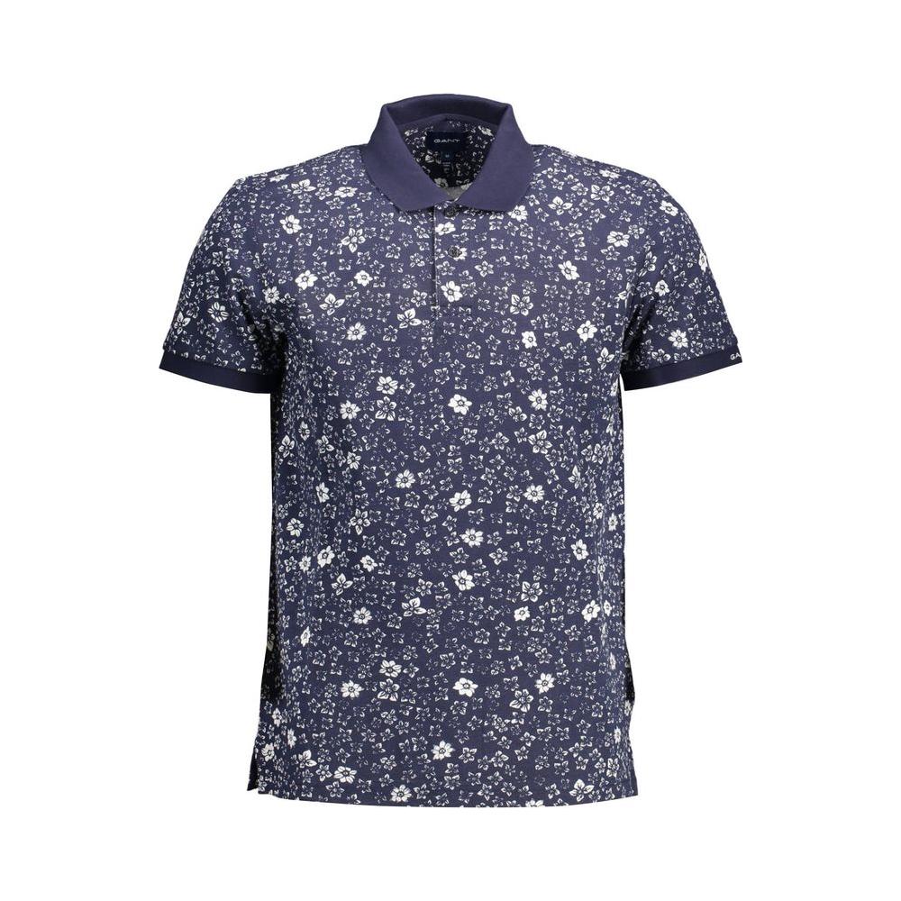 Men's navy blue short-sleeved polo shirt with floral pattern and classic collar design.