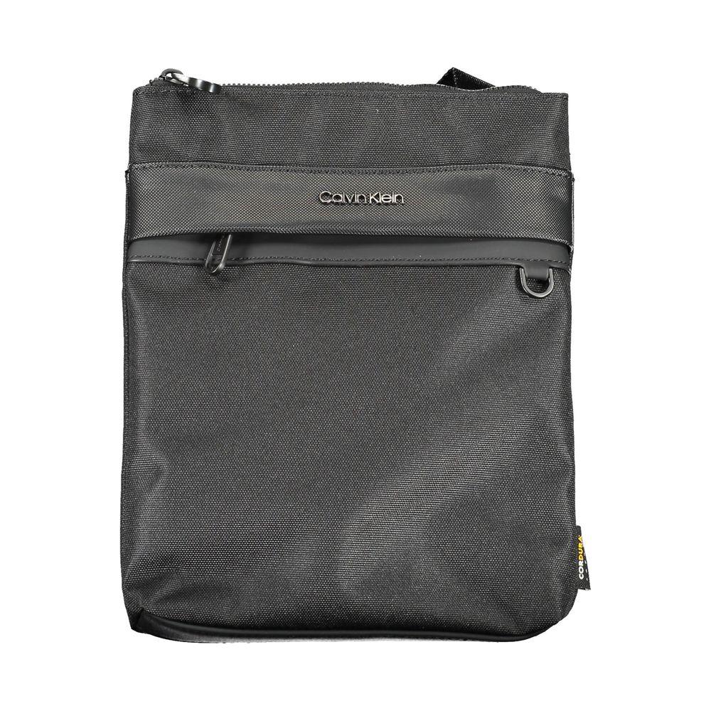 Calvin Klein black polyester men's shoulder bag with adjustable strap and external pocket, eco-friendly and stylish design.