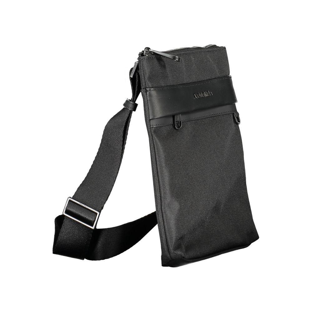Calvin Klein Black Polyester Men's Shoulder Bag with adjustable strap, sleek design, external pocket, and modern detailing.