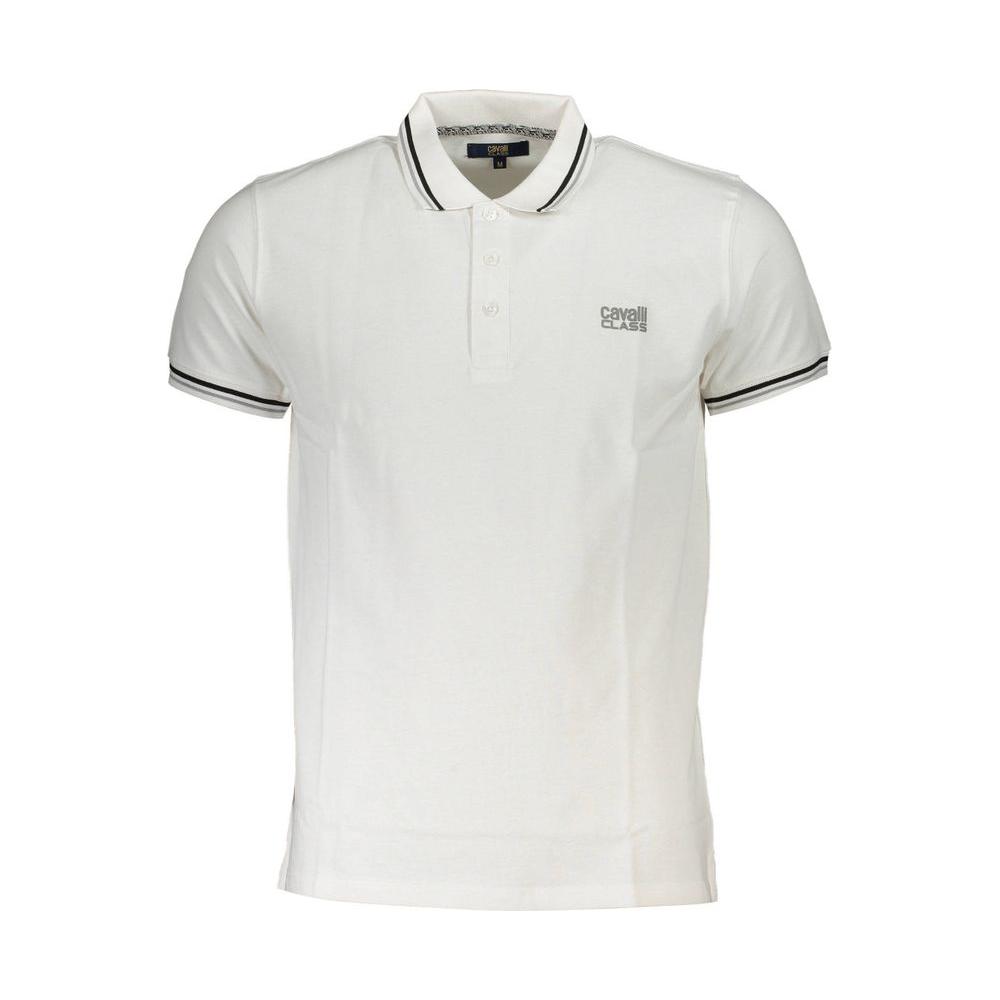 Cavalli Class white cotton polo shirt, featuring short sleeves, 3 buttons, print, contrasting details, and logo.