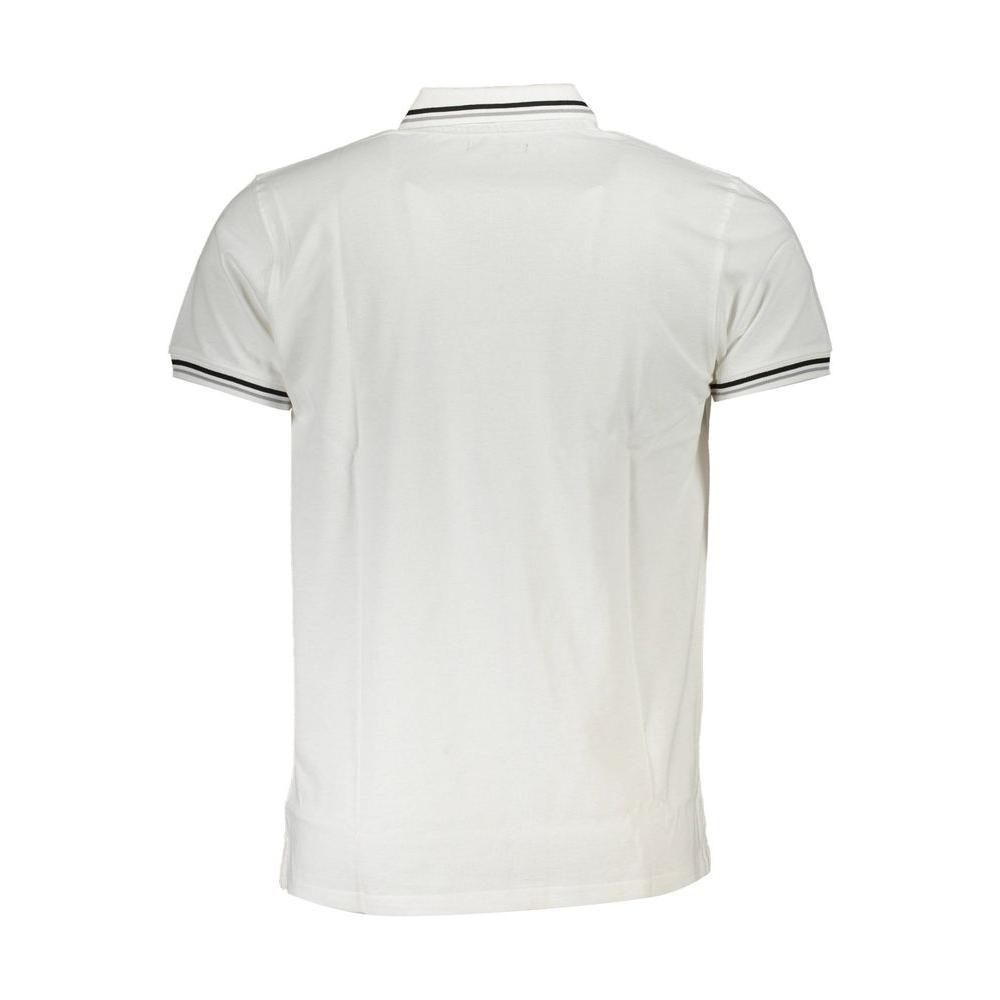 Cavalli Class white cotton polo shirt with short sleeves, 3 buttons, contrasting details, and logo print, back view.