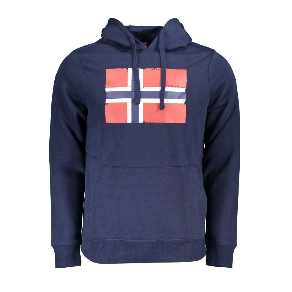 Norway 1963 blue cotton sweatshirt with hood, central pocket, fleece interior, and Norwegian flag print design.