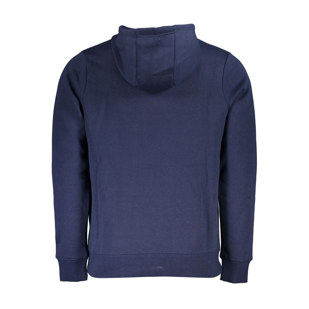 Back view of Norway 1963 blue cotton sweater with hood, fleece lining, long sleeves, and central pocket.