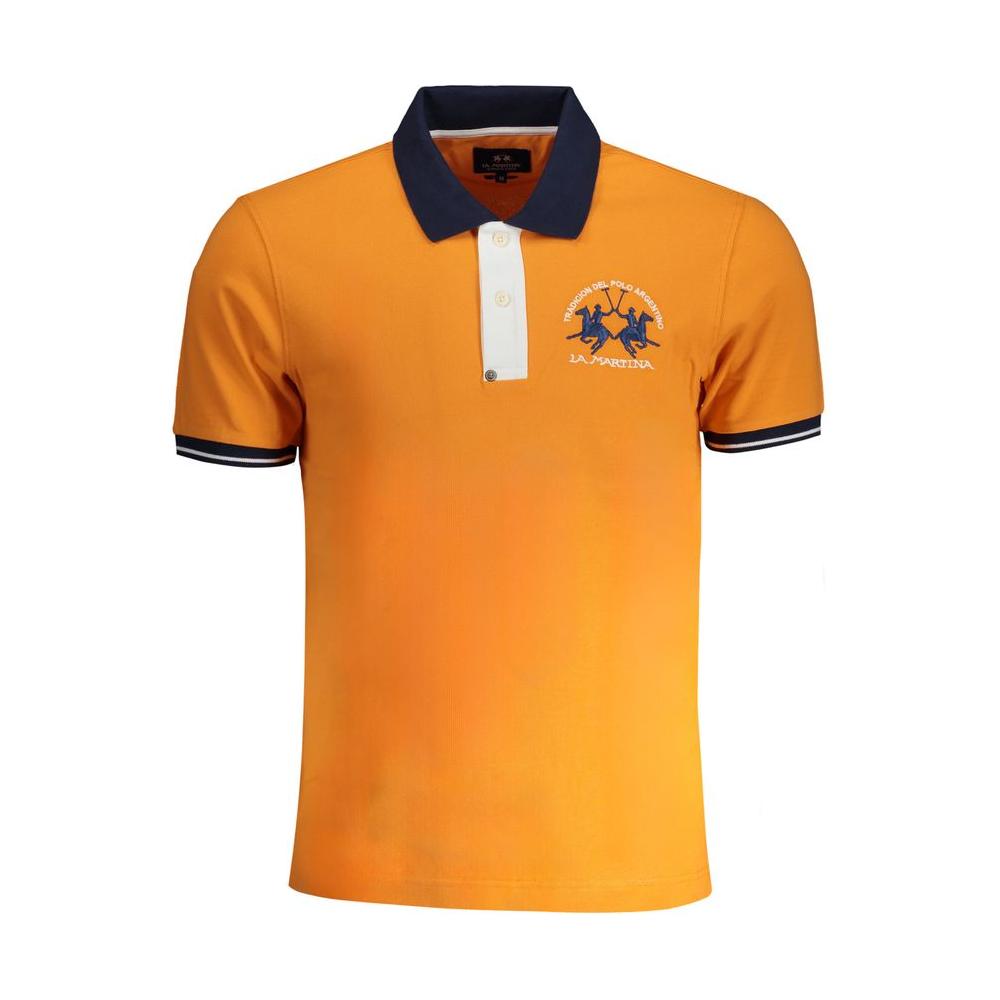 La Martina orange cotton polo shirt, short-sleeved, slim fit with 2 buttons, contrast details, embroidery, and logo.