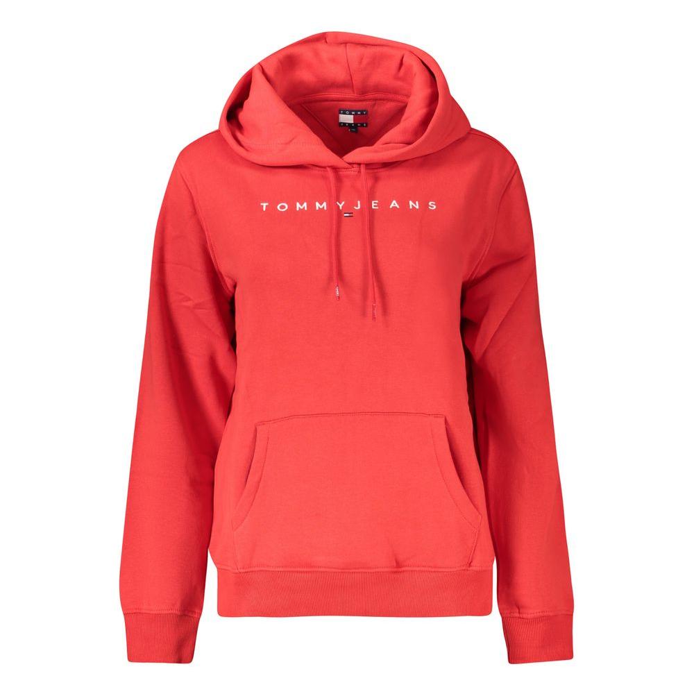 Tommy Hilfiger red organic cotton women’s sweater with hood and embroidered logo, featuring long sleeves and front pocket.