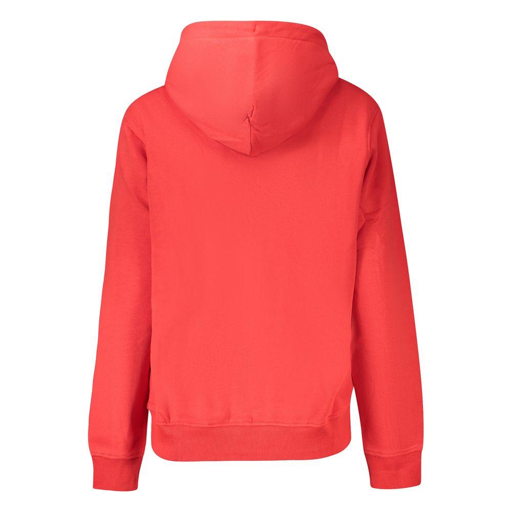 Back view of Tommy Hilfiger red organic cotton women's hooded sweatshirt showing casual style and comfort.
