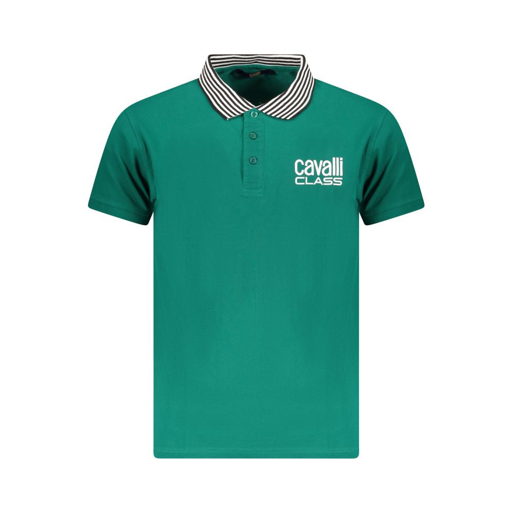 Cavalli Class green cotton men's polo shirt with contrasting details and logo, featuring a classic three-button placket for stylish comfort.