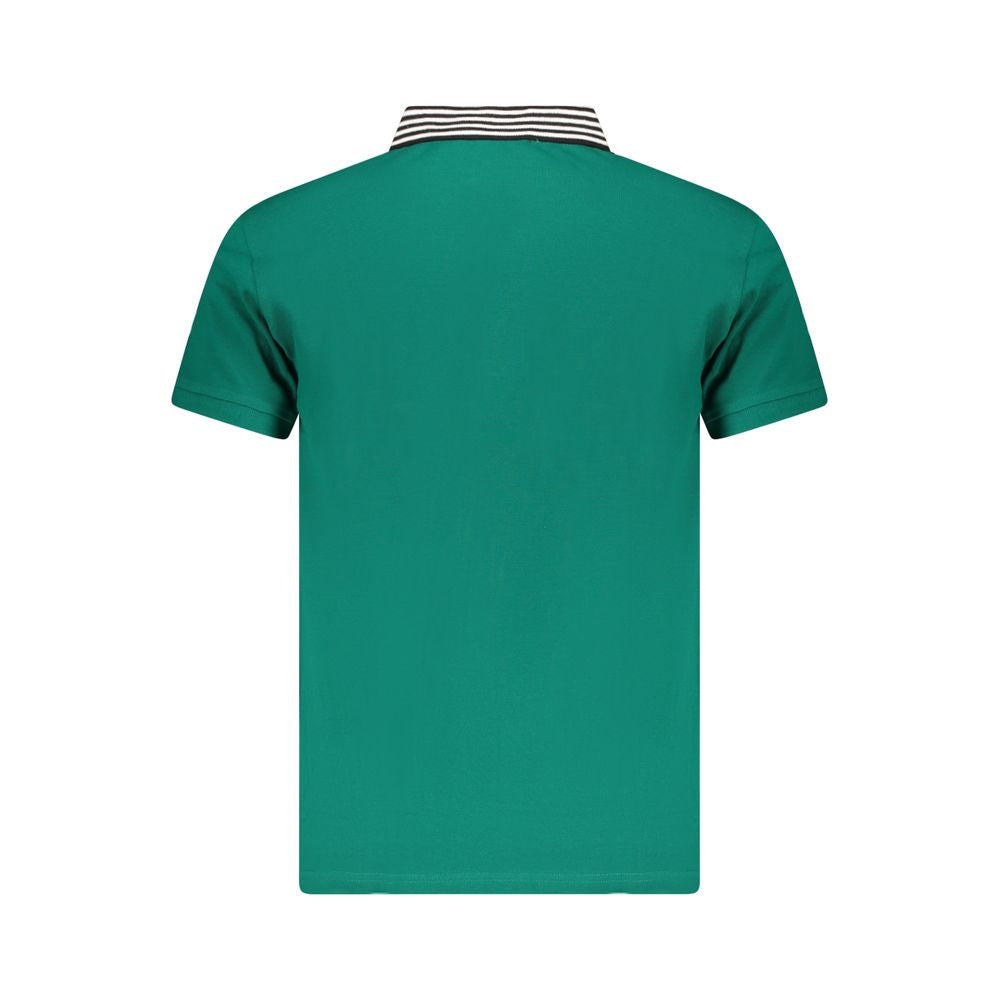 Back view of Cavalli Class Green Cotton Men Polo Shirt featuring striped collar accents.