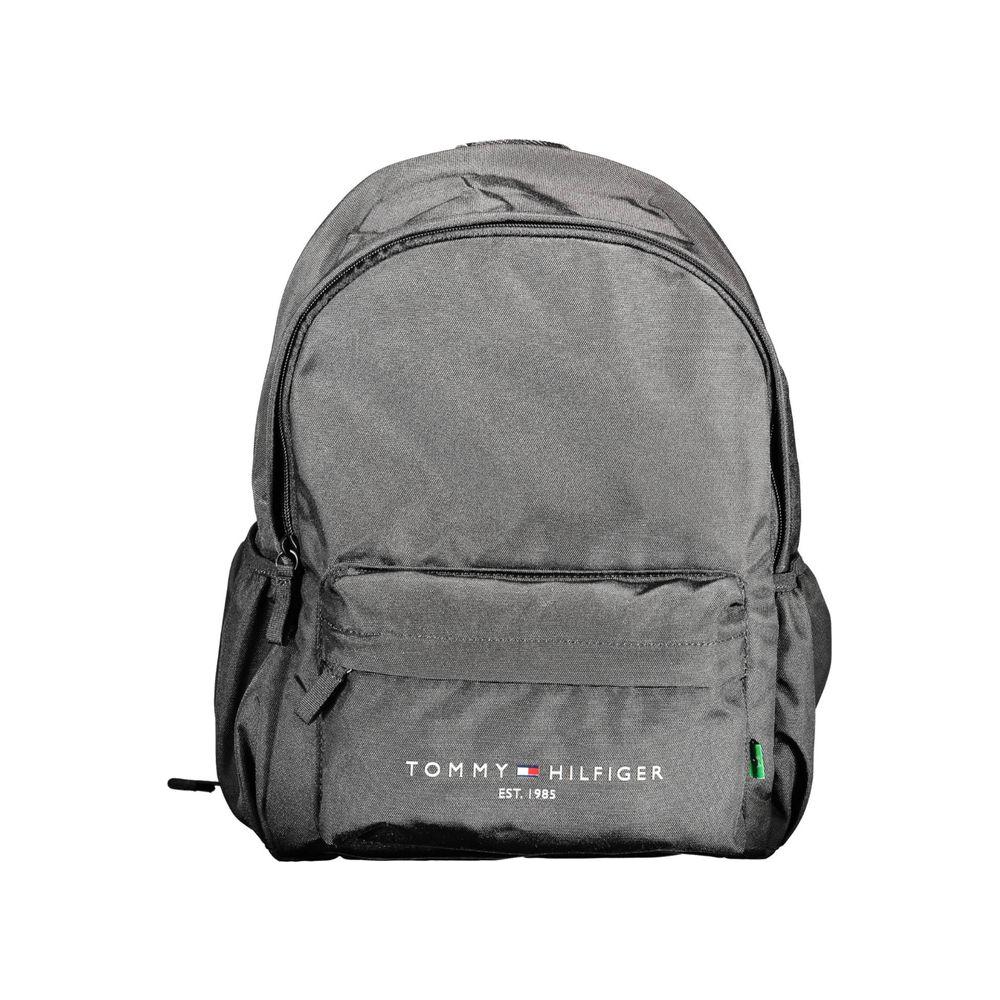 Tommy Hilfiger black polyester men's backpack with multiple pockets, adjustable straps, and a sleek urban design for everyday use.