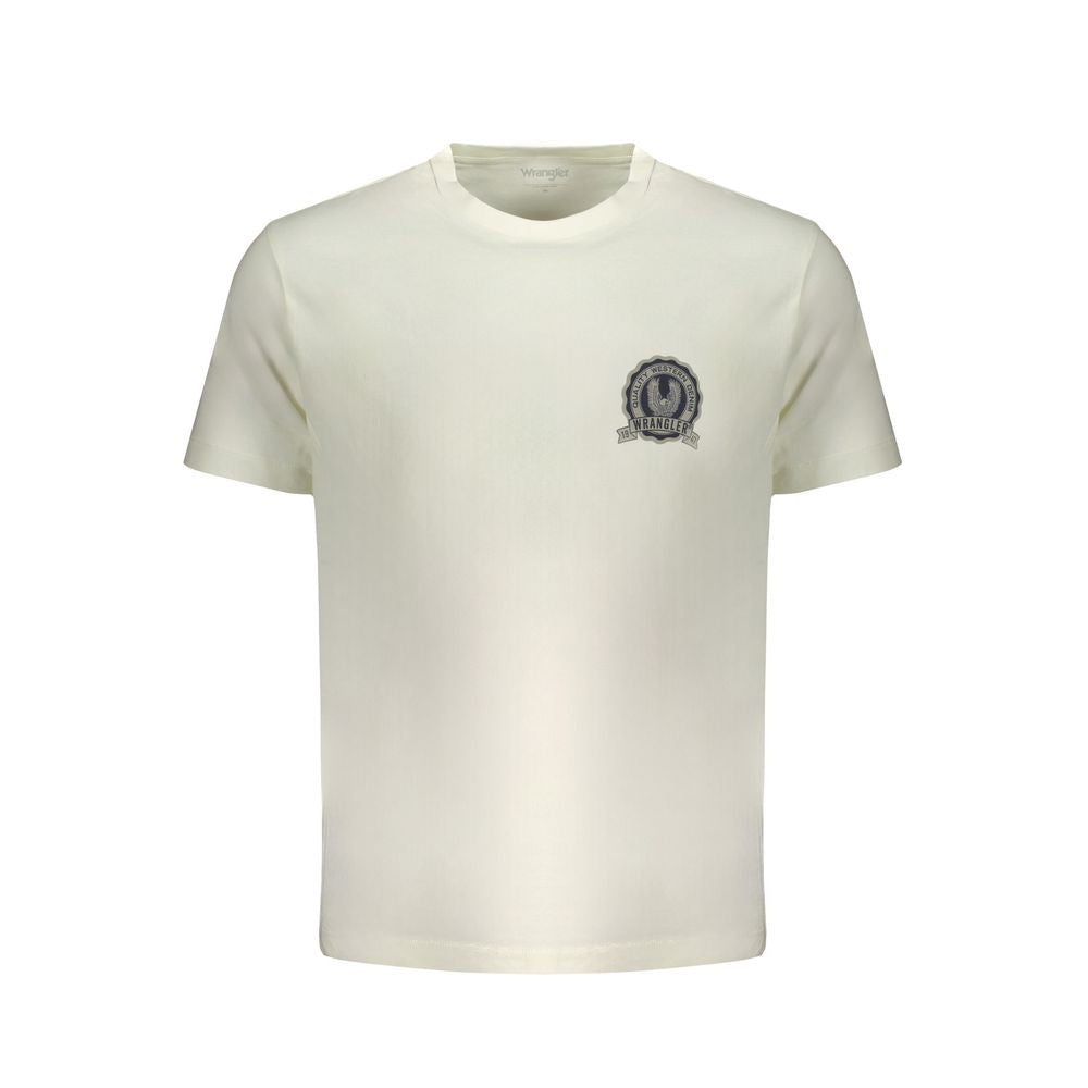 Wrangler white cotton t-shirt with short sleeves, graphic logo, crew neck, ideal for casual wear.