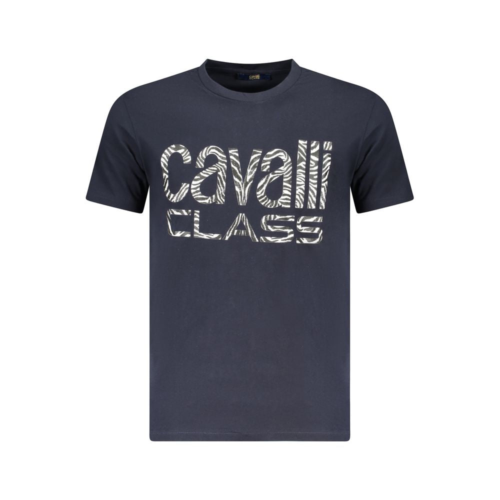 Cavalli Class Blue Cotton Men's T-Shirt with logo, short sleeves, and crew neck for modern luxury and style.