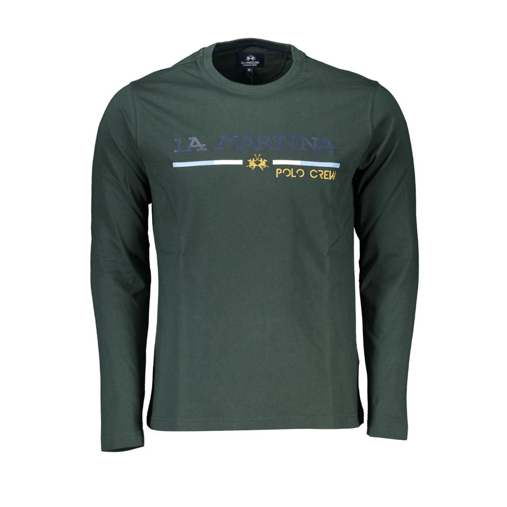 La Martina elegant green embroidered cotton tee with crew neck, long sleeves, and iconic logo for understated casual style