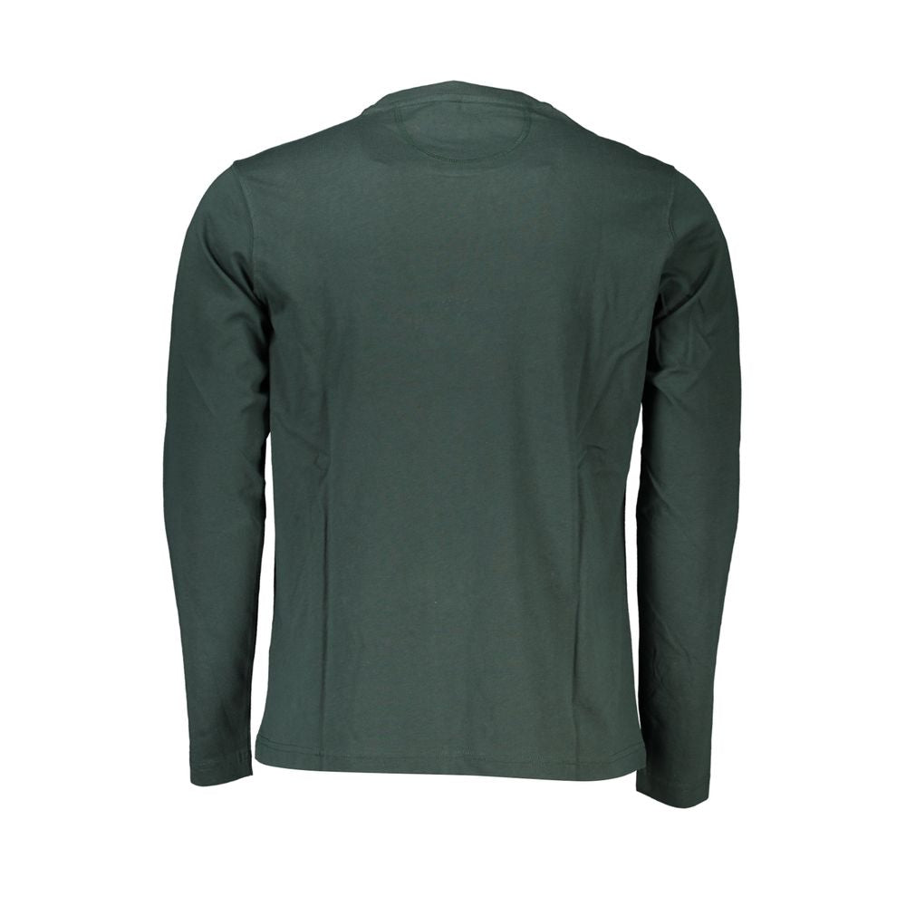 Back view of La Martina Elegant Green Embroidered Crew Neck Cotton Tee, long-sleeved and made from 100% cotton.