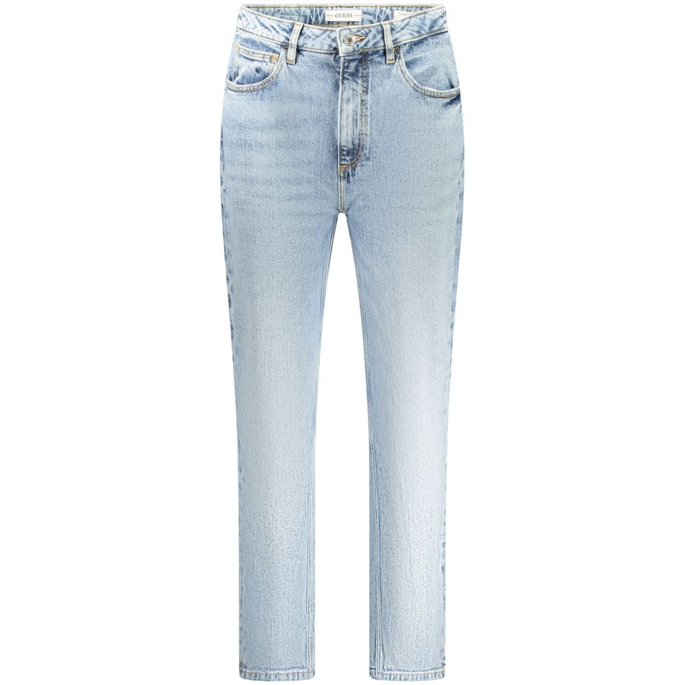 Light blue Guess Jeans for women, high-waisted tapered mom jeans, 5-pocket design, sustainable recycled cotton, vintage washed look.