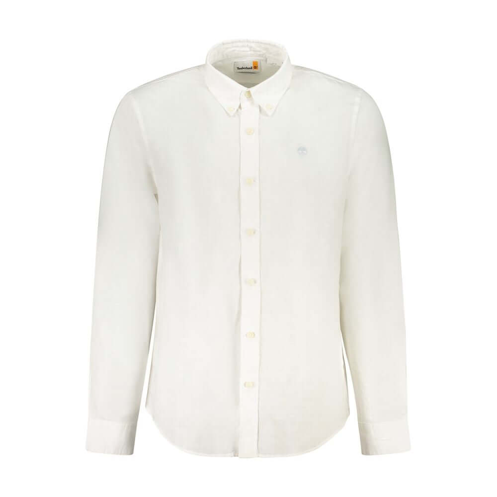 Timberland white cotton shirt, long-sleeved, slim fit, button-down collar, single-button cuffs, embroidered logo, men's fashion top