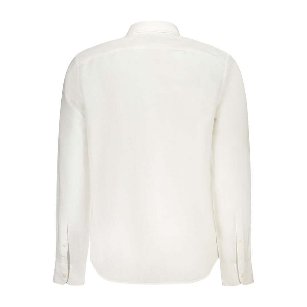 Back view of Timberland white cotton long-sleeved shirt with slim fit, button-down collar, and embroidered logo.