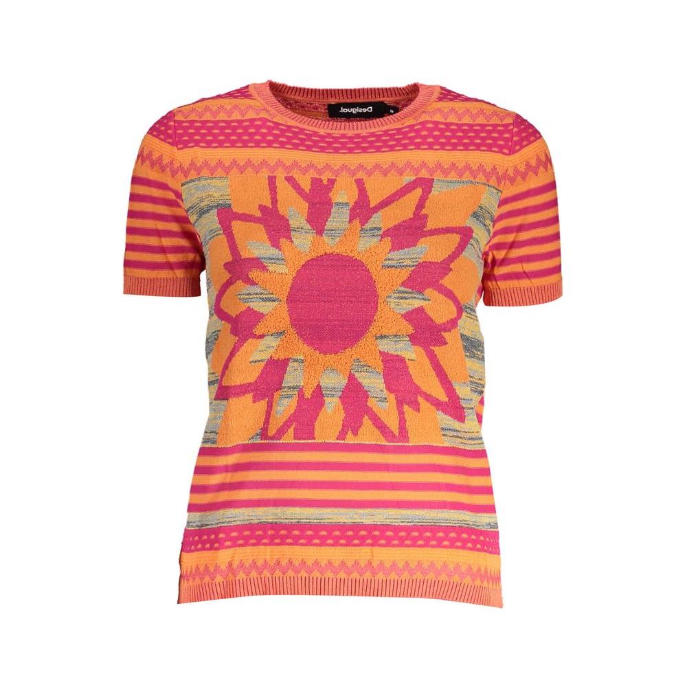 Desigual women's orange cotton sweater with a vibrant sunflower design, round neckline, and short sleeves. Fashion-forward and eclectic.