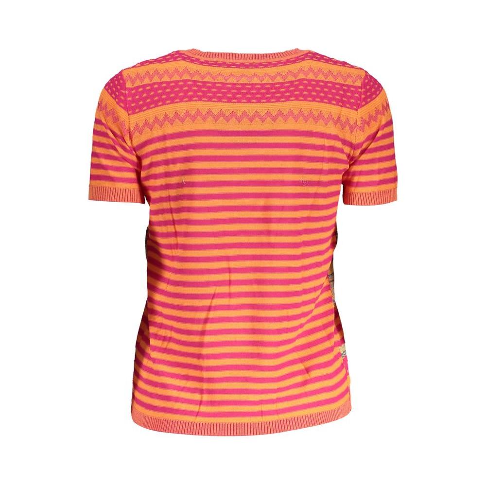 Desigual orange and pink striped cotton women's sweater with short sleeves, showcasing a unique and vibrant pattern.