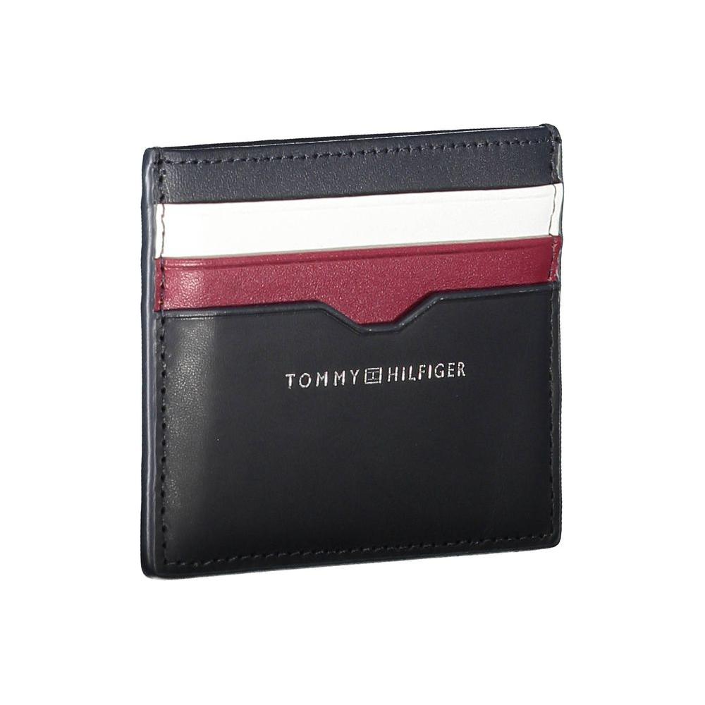 Tommy Hilfiger blue leather wallet for men with logo, contrasting stripes, and multiple card slots.