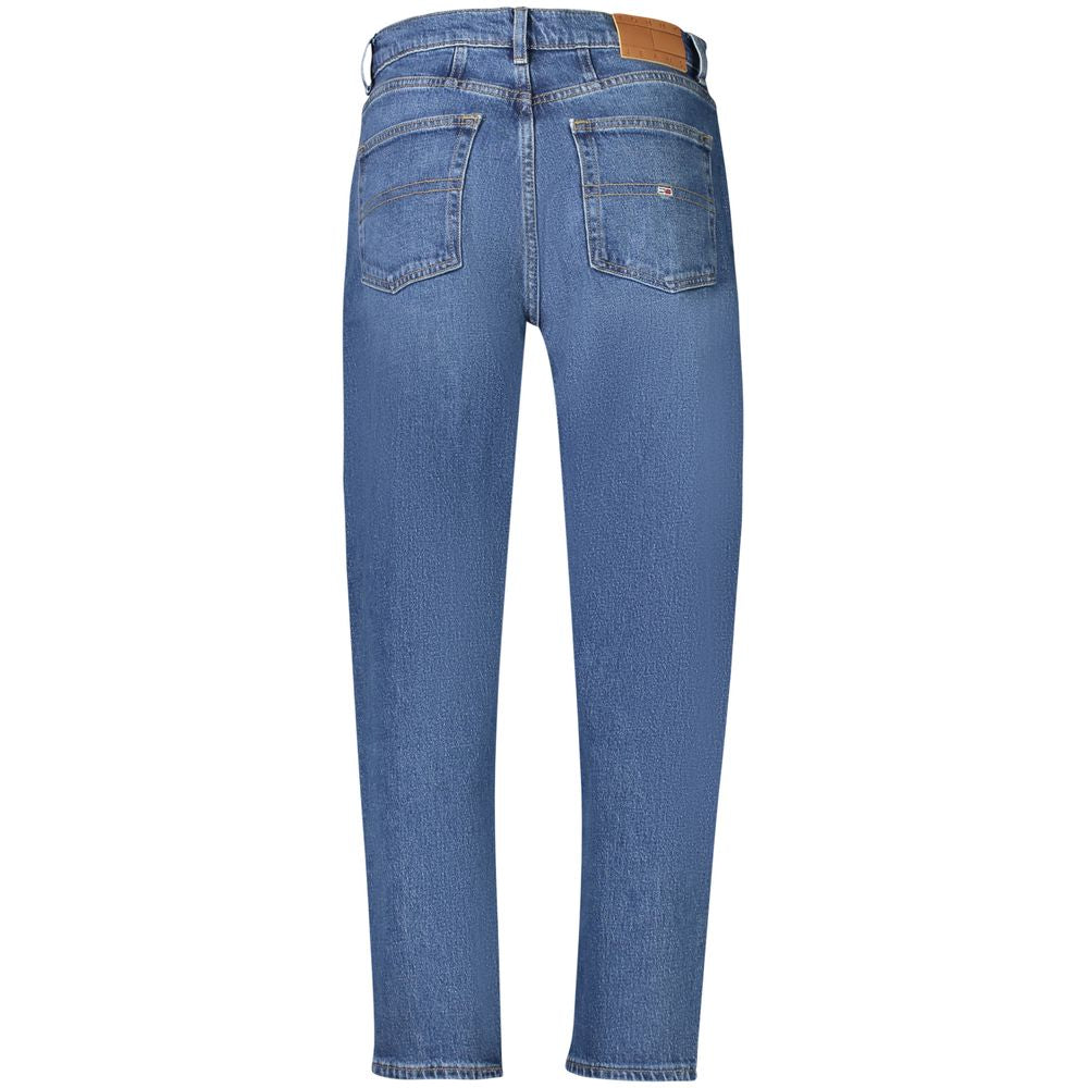 Tommy Hilfiger blue cotton women jeans, featuring high tapered mom fit, washed hue, and logo detail, stylish and comfortable.