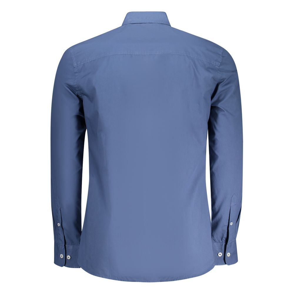 Back view of North Sails Blue Cotton Men's Long Sleeve Shirt with a smart button-down collar and nautical design.