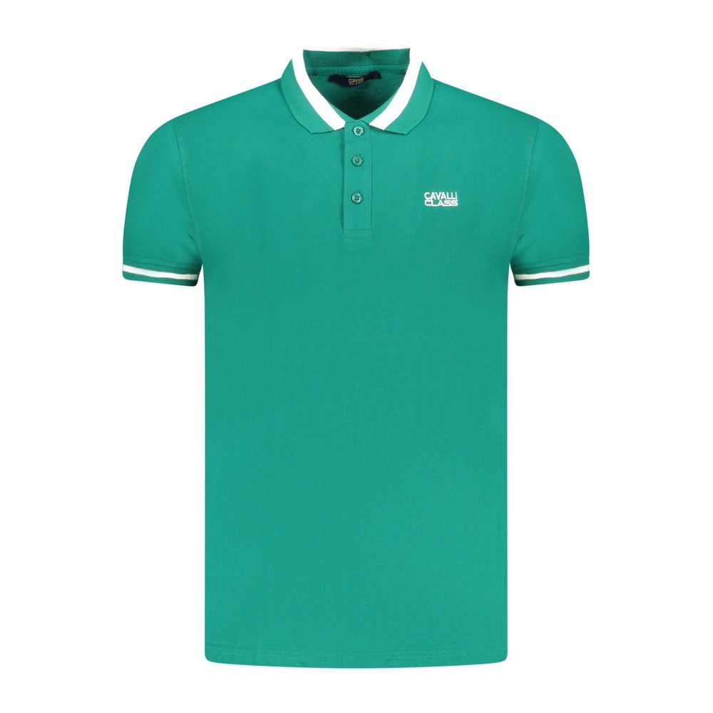 Cavalli Class Green Cotton Men's Polo Shirt with short sleeves, elegant embroidered logo, and contrasting details for smart-casual occasions.