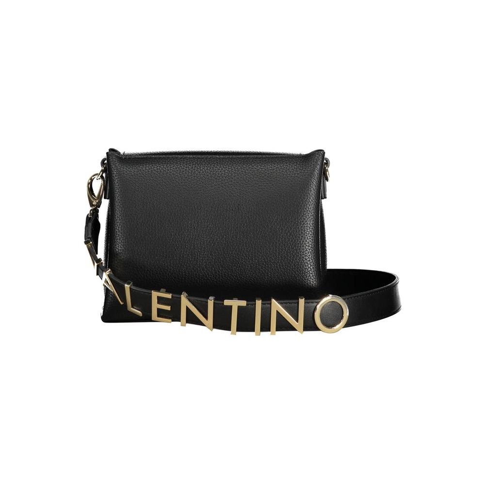Valentino black polyethylene handbag with adjustable strap, gold logo detail, 3 compartments, zip closure, and inside pocket.