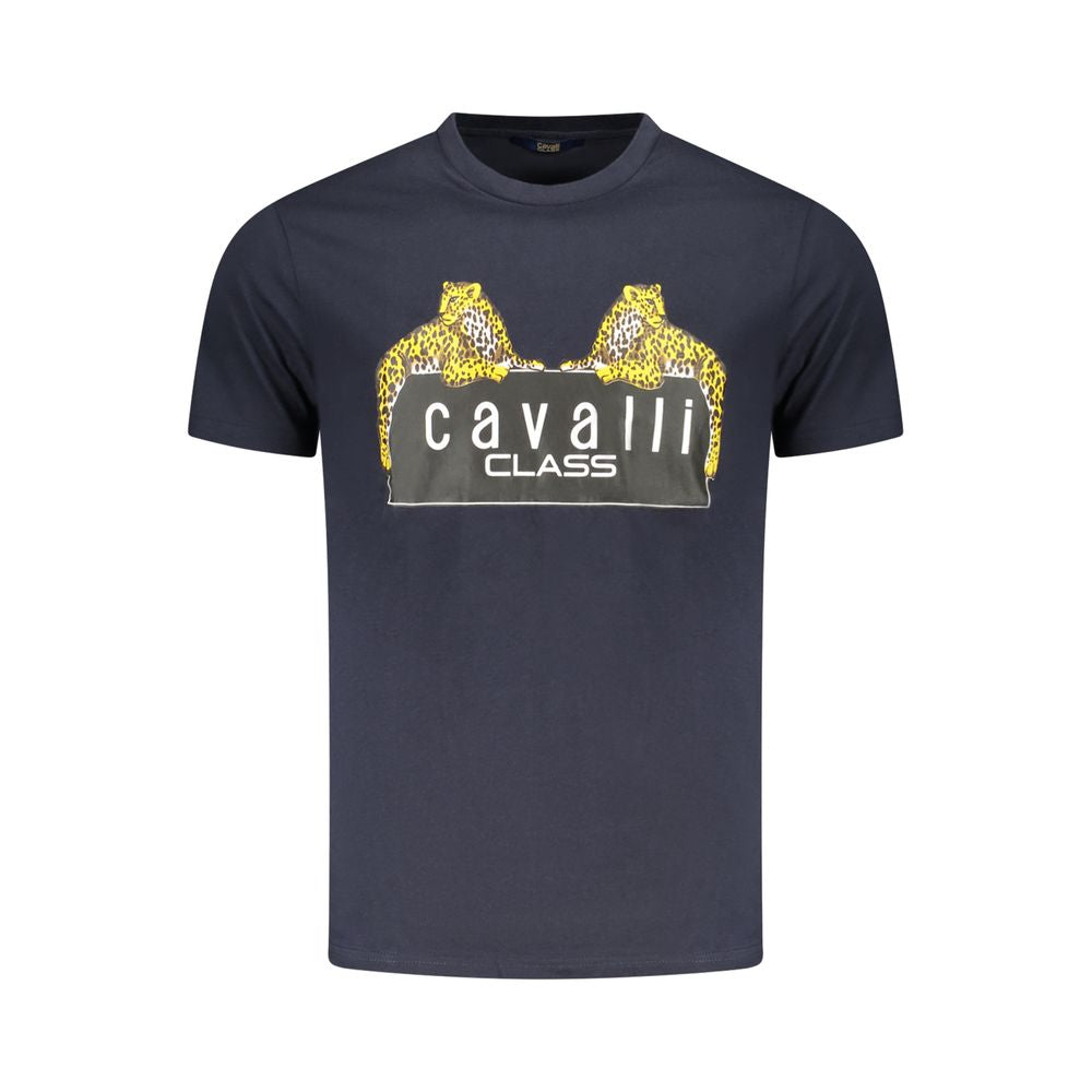Cavalli Class blue cotton men's T-shirt with bold logo print featuring yellow leopard design, short sleeves, crew neck.