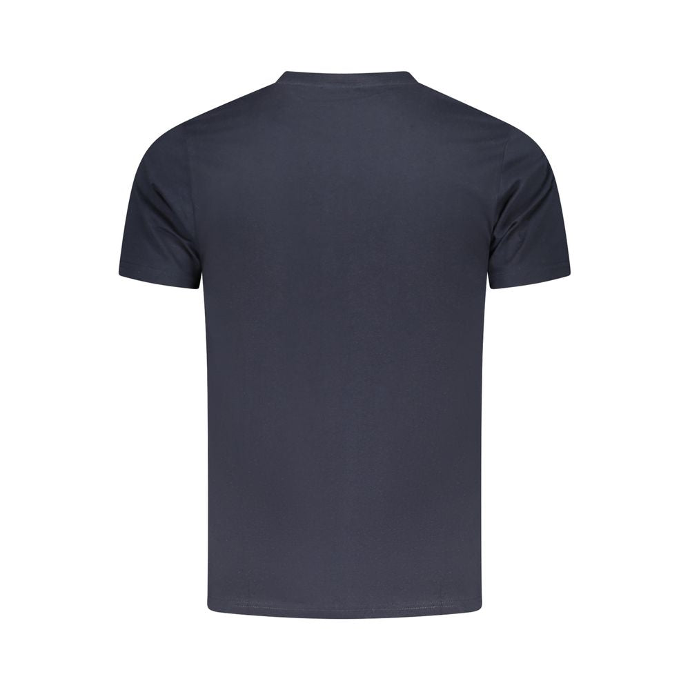 Back view of Cavalli Class blue cotton men's T-shirt with short sleeves and crew neck, featuring luxury casual wear design.