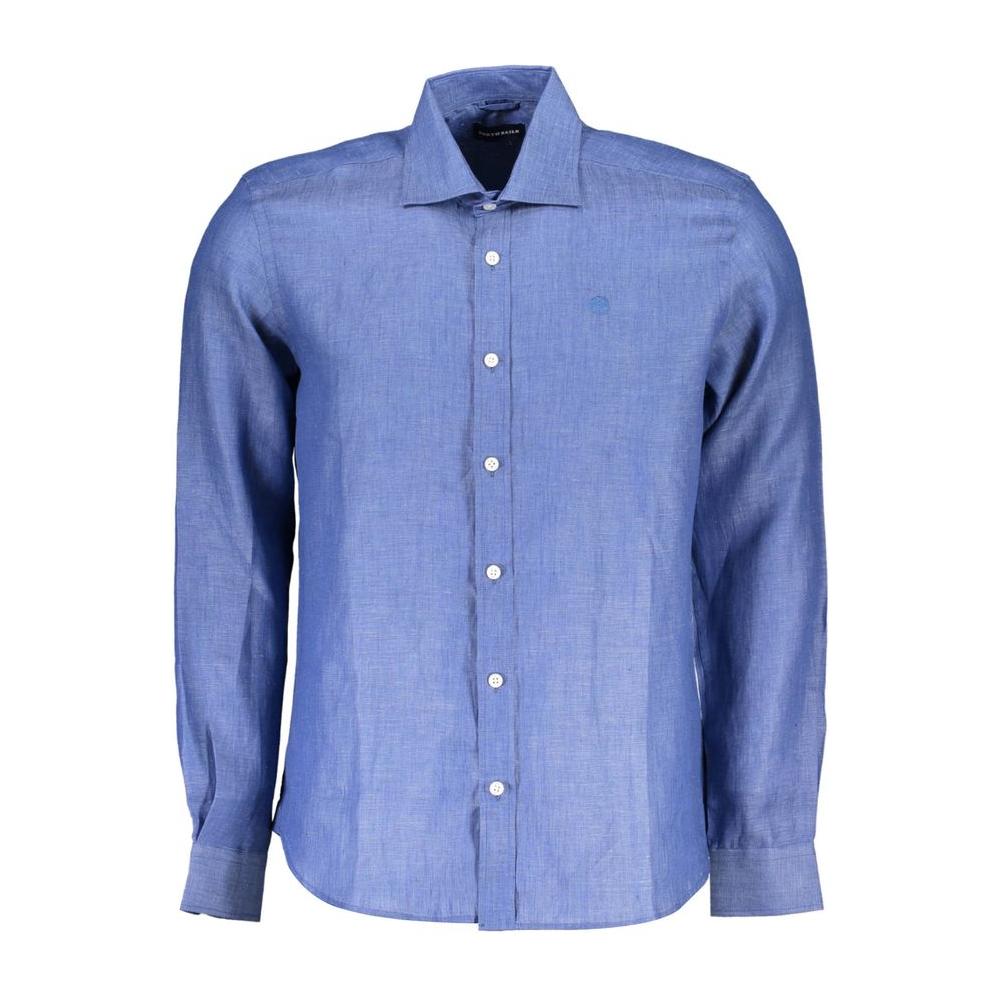 North Sails blue linen men's shirt with Italian collar, long sleeves, and 1-button cuffs, showcasing sustainable fashion.