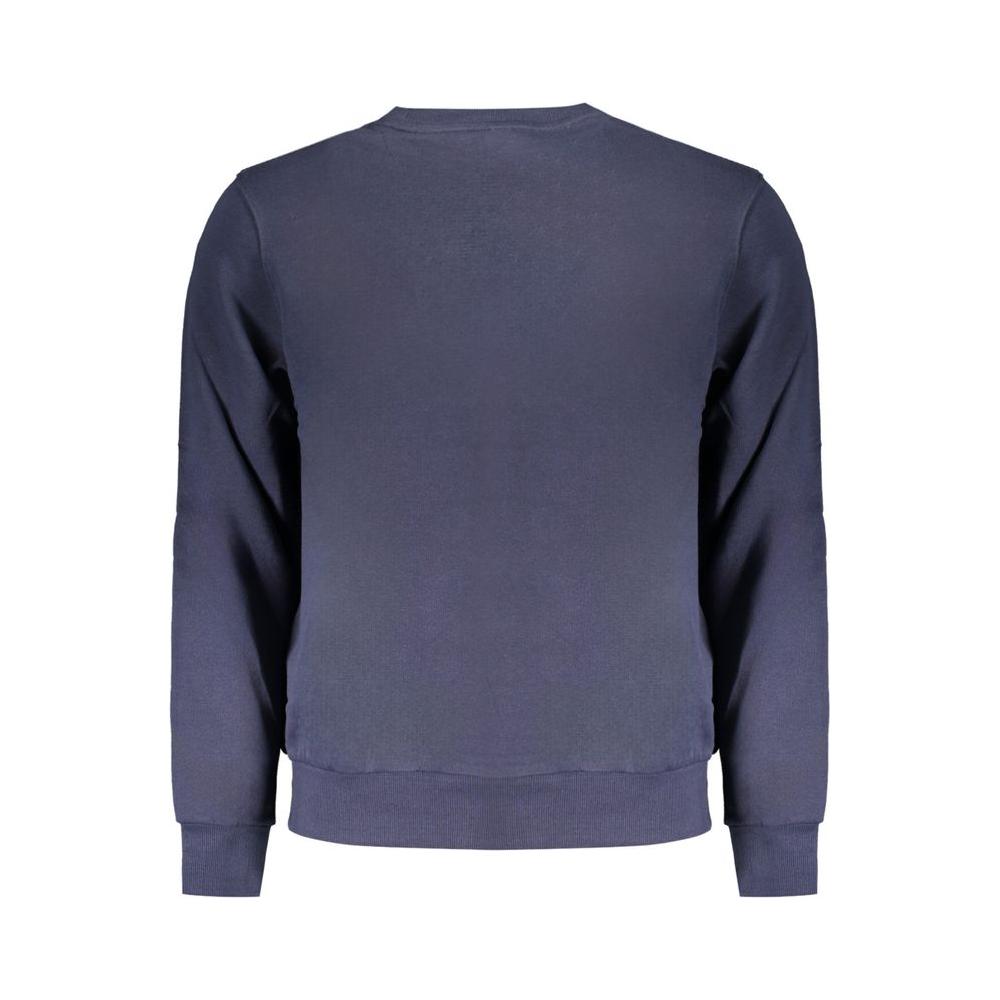 Back view of a North Sails blue cotton crew neck sweater with long sleeves and logo application.