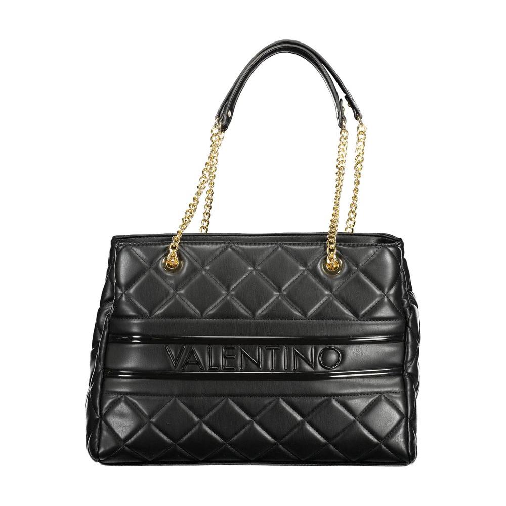 Valentino black polyethylene handbag with chain shoulder handles, quilted design, logo, and multiple compartments.