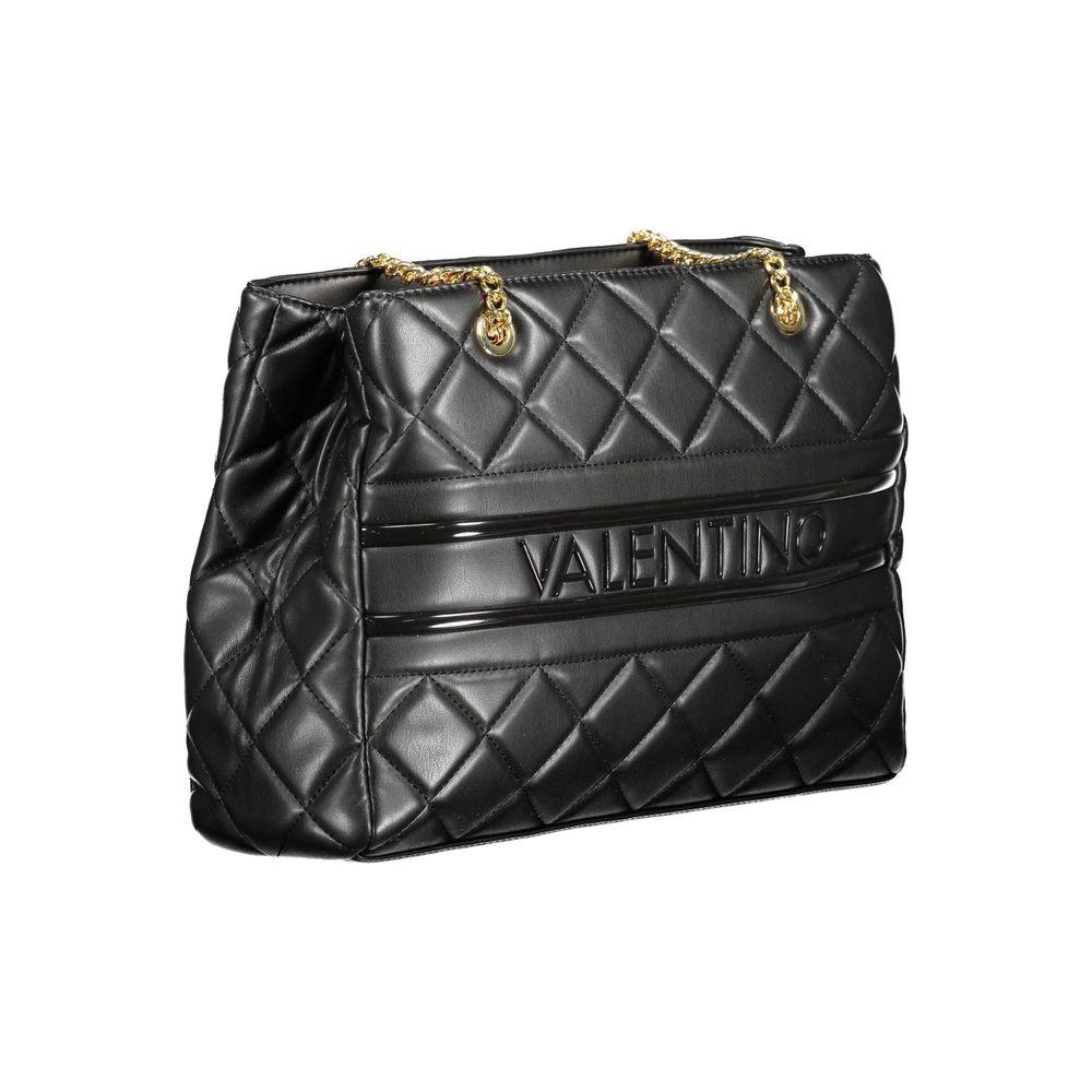 Valentino black polyethylene handbag with chain shoulder handles, two compartments, central pocket, phone holder, and logo.