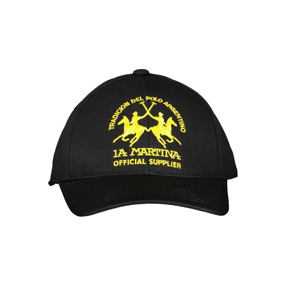 La Martina black cotton men's cap with yellow embroidered logo, perfect for sporty elegance and sun protection.
