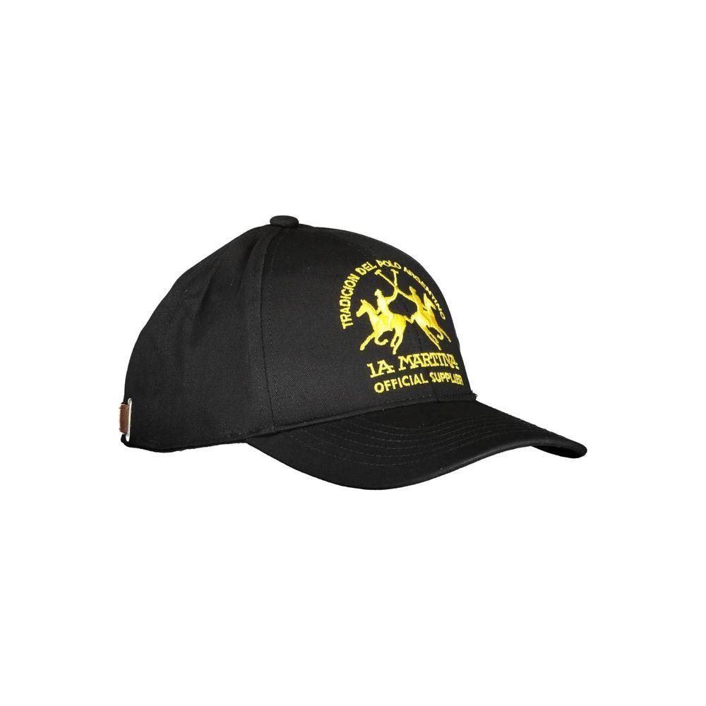 La Martina black cotton men's cap with yellow embroidery logo, premium quality, sporty and stylish design.