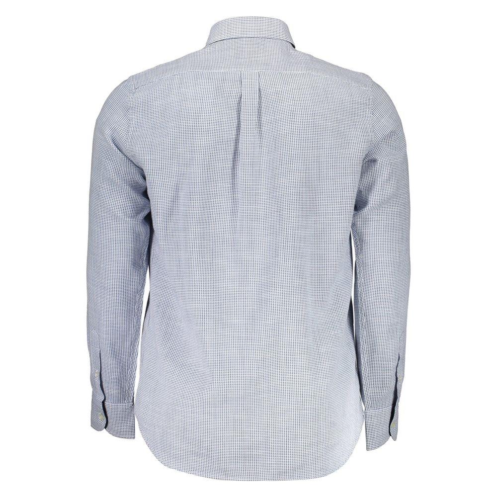 Back view of Harmont & Blaine light blue cotton men's shirt with long sleeves and button-down collar, showcasing crafted design.