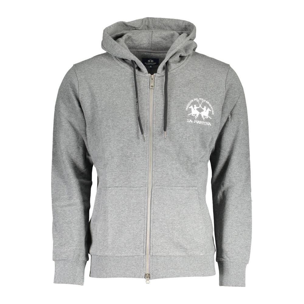La Martina gray cotton men's sweater with zip-up front, iconic embroidery logo, and contrasting details, ideal for style and comfort.