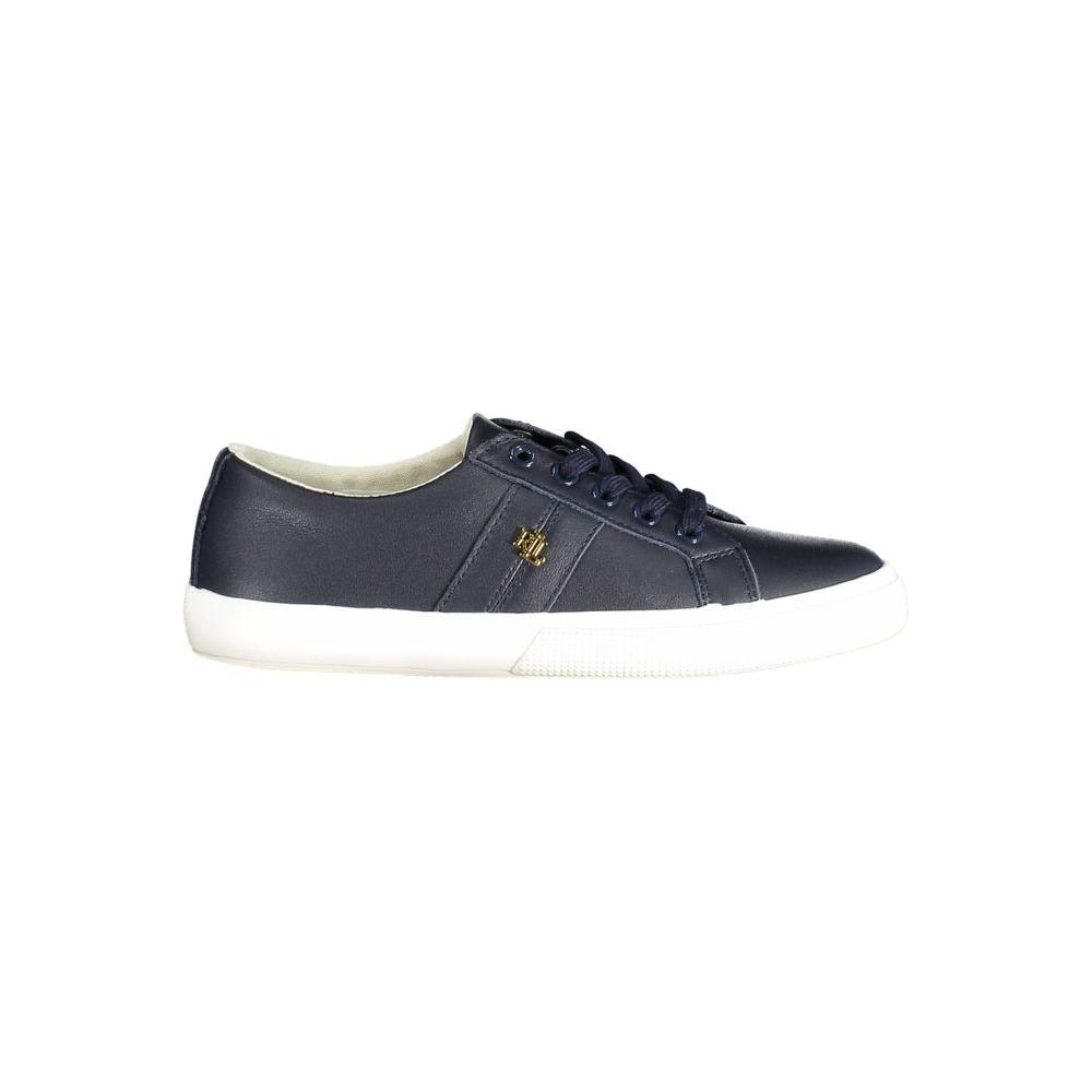 Navy blue Ralph Lauren sneaker with white sole, laces, and logo detail, made from polyester, side view.