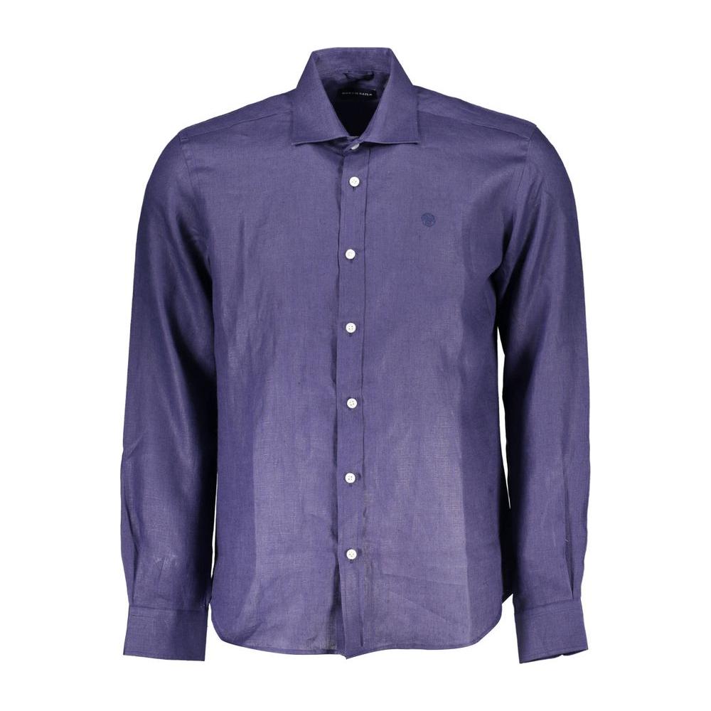 North Sails blue linen men's shirt with Italian collar, long sleeves, and embroidered logo. Regular fit, 100% organic linen.