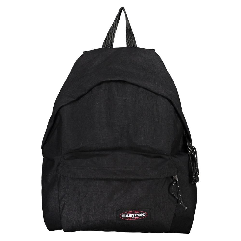 "Eastpak black polyester backpack with adjustable straps, padded design, front pocket and zip closure, featuring recycled materials logo"