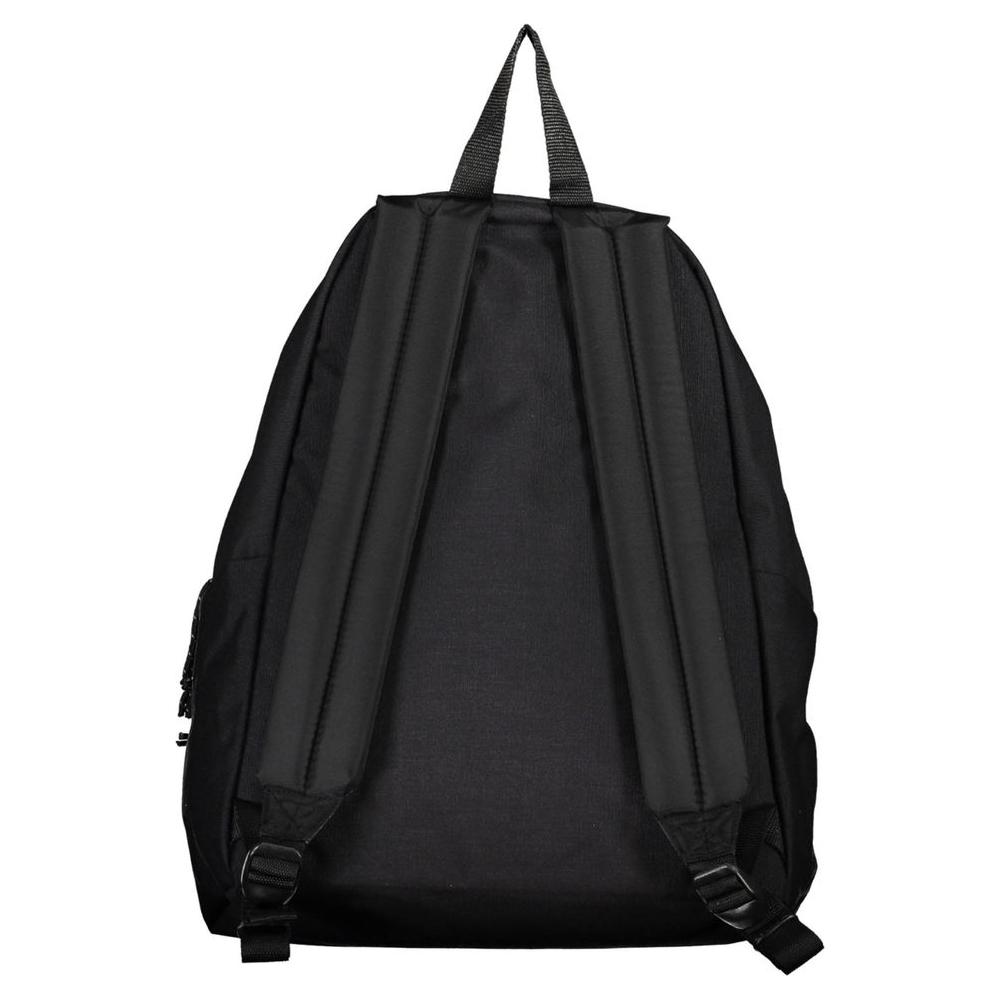Back view of Eastpak Black Polyester Backpack with adjustable padded straps, handle, and recycled materials.