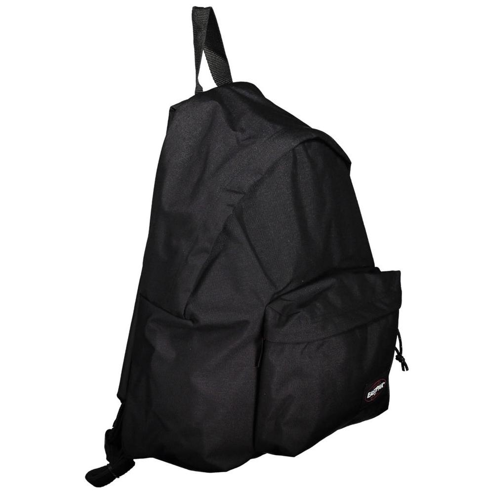 Eastpak black polyester backpack with padded pak'r, adjustable straps, external pocket, and zip closure. 24L recycled material.